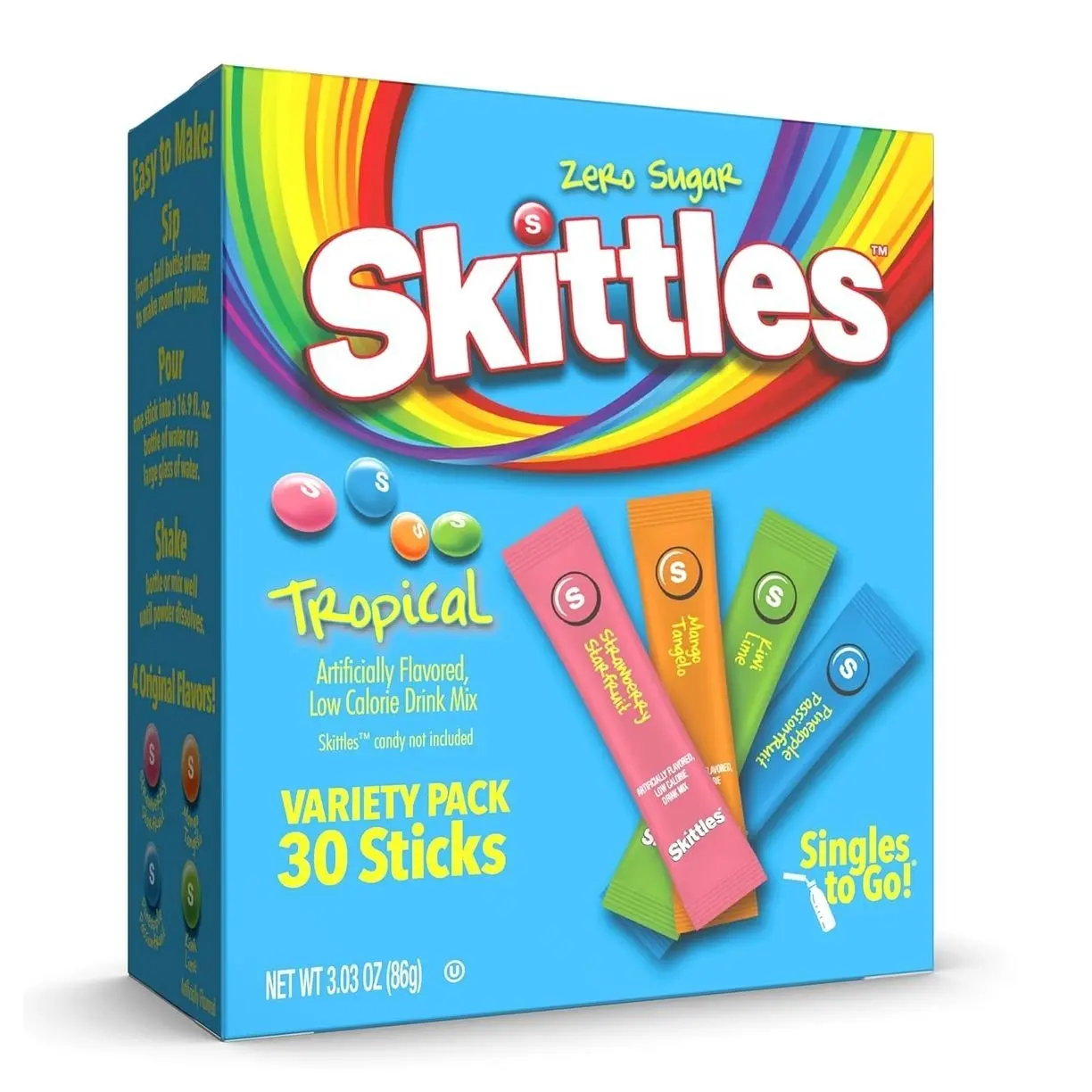 SINGLES TO GO! Skittles Singles To Go Tropical Flavors Variety Pack, Powdered Drink Mix, Strawberry Starfruit, Mango Tangelo, Kiwi Lime, Pineapple Passionfruit, 1 Box (30 Single Servings)