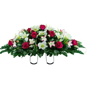 Pink Rose and White Alstroemeria Cemetery Saddle - Mother's Day Silk Cemetery Flower Arrangement - Headstone Saddle (SD2442)