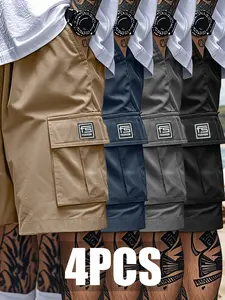 4-Pack Men's Summer Cargo Shorts - Non-stretch Fabric, Geometric Pattern, Regular Fit and Multi-pocket Design, Suitable for Outdoor Sports, Street Style, Travel and Leisure Travel, Durable Material, a Must-have Street Wear In Summer