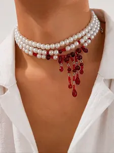 Vintage Punk Crystal Blood Drop Pendant Necklace, Statement Necklace, Multi-Layer Faux Pearl Chain, Beaded Necklace, Fashion Pendants, Men's Daily Wear, Perfect Gift for Halloween