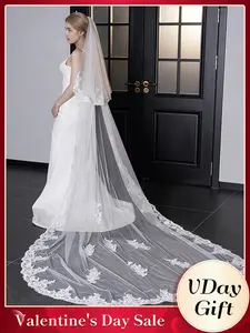 Elegant European Bridal Lace Drop Veil with Lace Double Layer and Comb Long Cathedral Wedding Accessory for Bride
