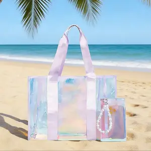 Large Transparent Laser Ladies Beach Handbag, Shiny Stylish Clear Bag, Waterproof Sandproof Zipper Inner Pocket, Cosmetic Storage Bag, Travel Vacation Gift