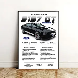 Ford Mustang S197 GT Silverback Edition Poster High Quality Cardboard, Sharp Pattern Black GT with White Racing Stripes & Detailed Custom Mods, Premium American Muscle Car Wall Art for Home Office Garage Decor, Perfect Gift for Car Enthusiasts & Ford Fans