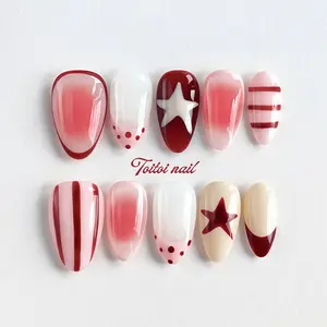 Berry Star Stripe Handmade Press-On Nails | Short Almond Shape, 10pcs Handmade | Sweet Edgy Girl Style | Pink-Burgundy Ombre & Star/Stripe/Polka Dot Accents | High Gloss Finish | Reusable DIY Nail Kit for Spring | Trendy Cute Look Nail Kit Set