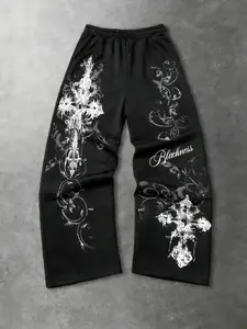 Men's Y2K Dark Aesthetic Gothic Graphic Casual Loose Baggy Sweatpants, Loose Fit with 'blackness' Handwritten Design & Exquisite Cross for Street Style, All Seasons, Streetwear