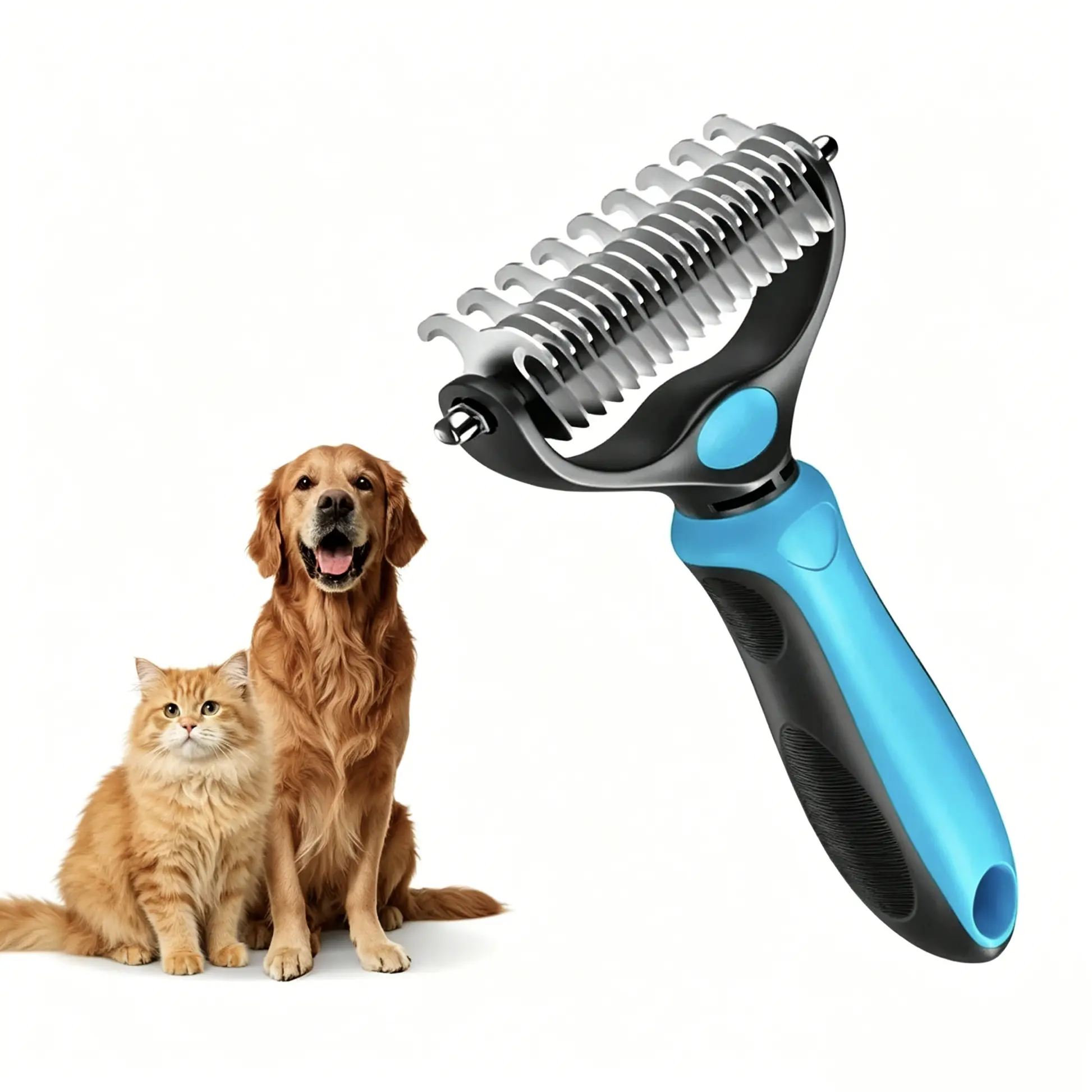 Pet Dematting Undercoat Rake for Long Haired Dogs Cats, Double Sided Deshedding Brush, Pain Free Tangle Remover to Reduce Shedding & Mats, Pet Grooming Tool comb  N2
