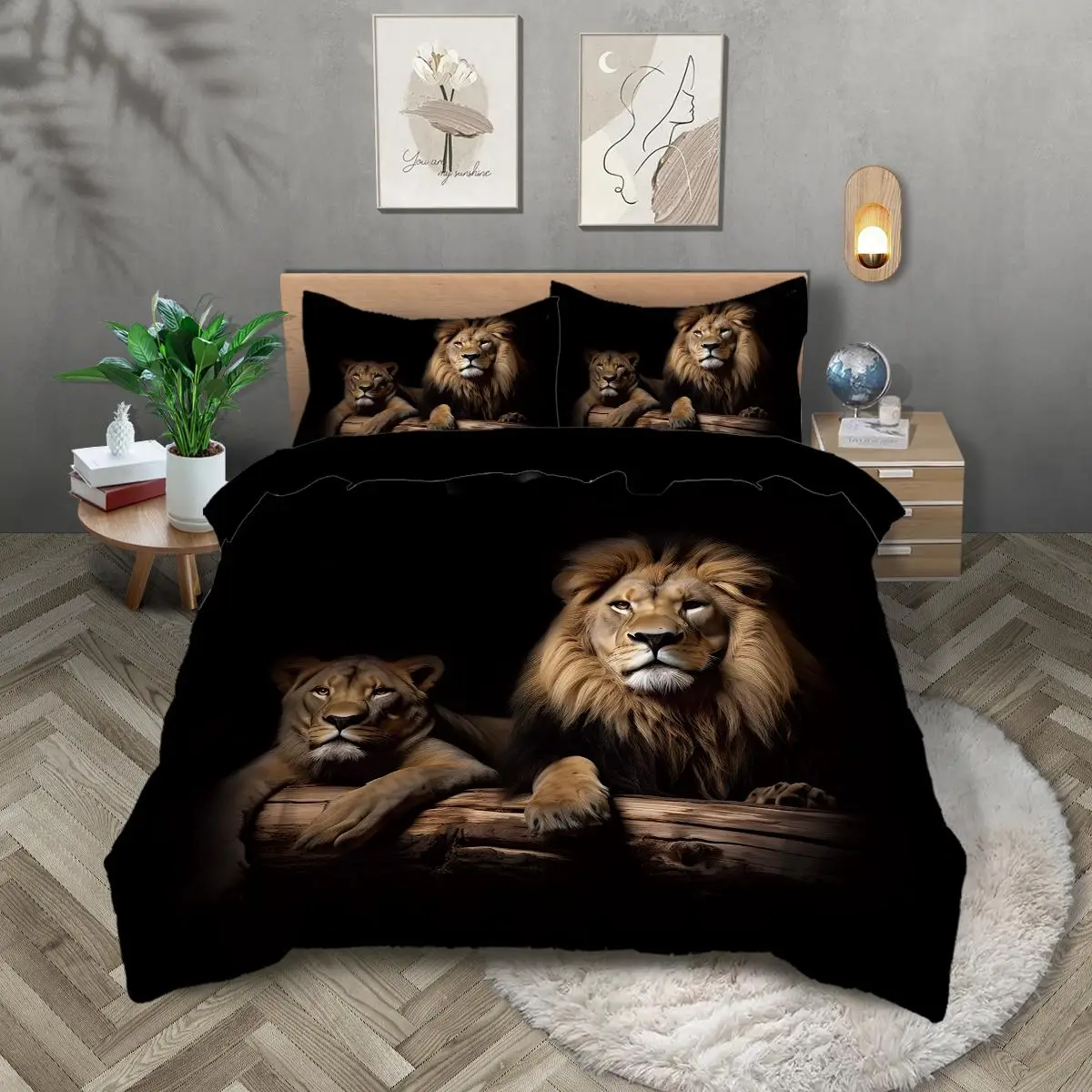 Lion Print Duvet Cover Set without Fillers, 3 Counts/set Including 1 Duvet Cover & 2 Pillowcases, Soft Comfortable Bedding Set for Home Bedroom Hotel