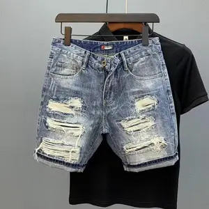 New Summer Trendy Brand Young Men's Denim Shorts Light-colored Wash Ripped Beggar Patch Five-point Pants Medium Pants