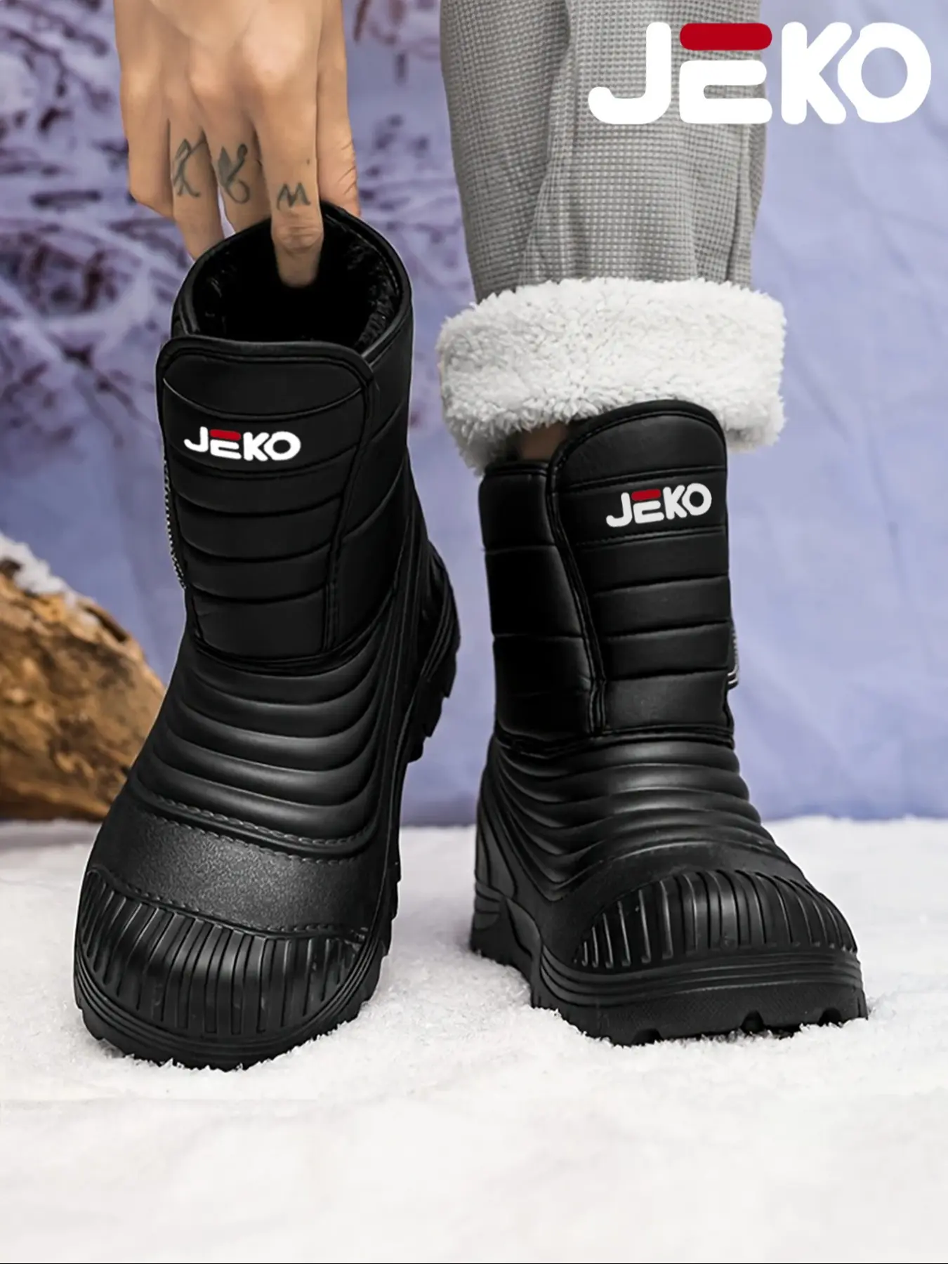 JEKO Snow Boots-Unisex Durable Warm Long Booties, PU Leather Eva Sole, Above Ankle Below Knee High, Fashionable Winter Outdoor Shoes