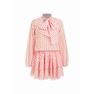 Cider Chiffon Polka Dot Stand Collar Puff Sleeve Pleated Mini Dress