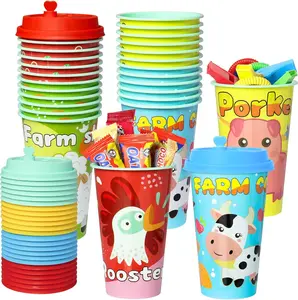 Farm Animals Party Favors Goodie Cups, 24 Pack Chicken Sheep Cow Pig Birthday Cups in 4 Patterns, 16OZ Reusable Barnyard Farm Party Supplies Decorations Cups with Lids Plugs for Kids