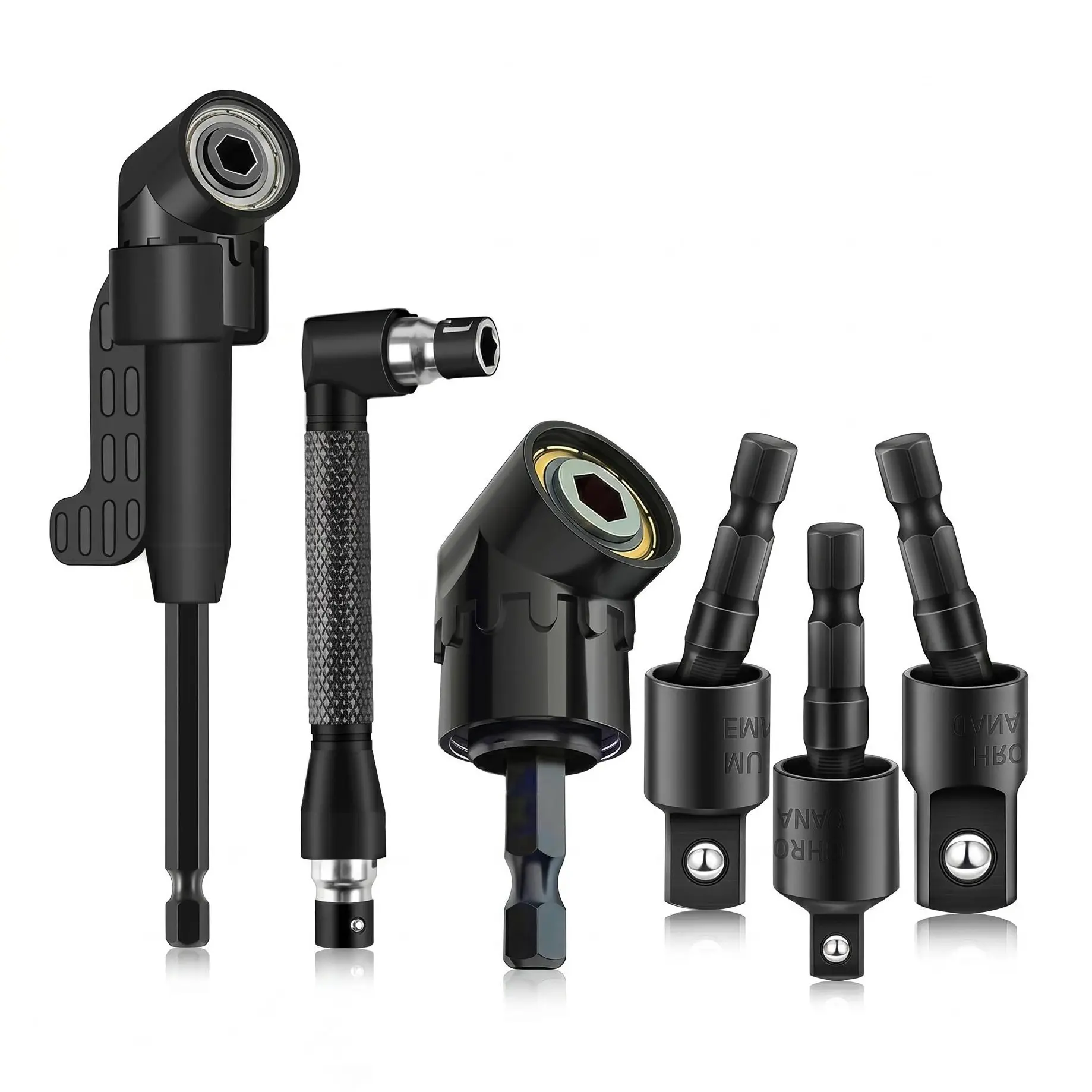 6PCS Right Angle Drill Bit Attachment Set – 90° Corner Drill Adapter, 105° Angle Driver Extensions, 360° Rotating Impact Socket Adapters (1/4", 3/8", 1/2"), Heavy Duty Tool Kit for Tight Spaces