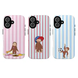 Curious George Monkey Cartoon Polycarbonate Phone Case - Durable, Shockproof, Striped Protective Cover for iPhone 11/12/13/14/15/16/17 Pro, ProMax, Plus (Mobile Phone Accessory)