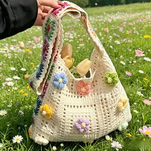 Boho Floral Crochet Tote Bag | Handmade Shoulder Bag for Beach & Daily Use