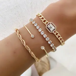 4Pcs Gold Stackable Bracelets Set, Twist Chain Cubic Zirconia Tennis Cuff Bangles, Dainty Layering Wrist Jewelry for Women Wedding Daily Party