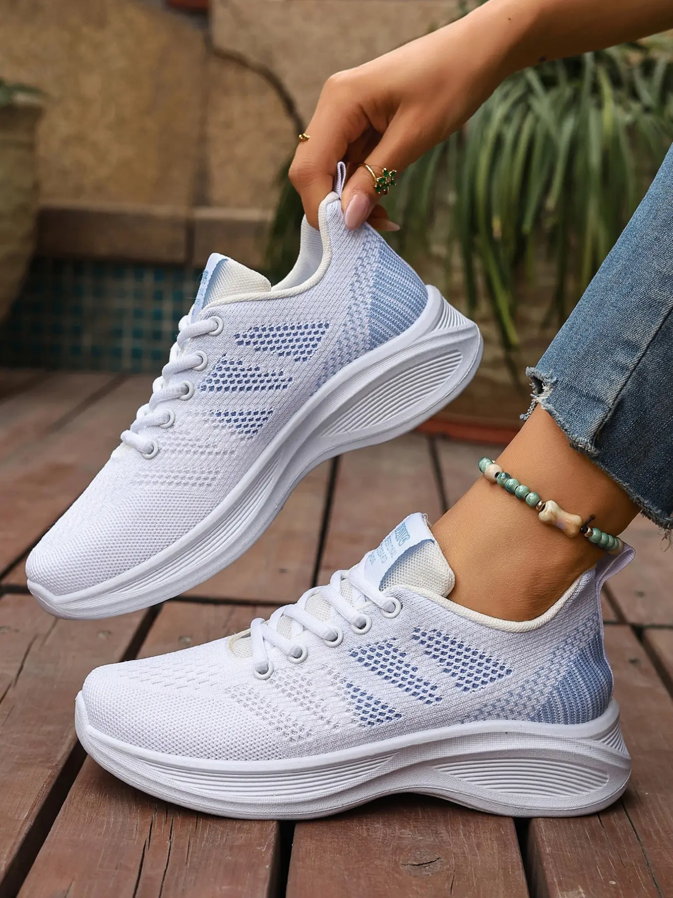 Women's White & Light Blue Knit Sporty Athletic Running Shoes - Breathable Lightweight Cushioned Sole Non-Slip Casual Workout Sneakers for Daily Walking, Travel & Gym Knitted Running Shoes