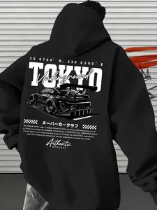 Tokyo Drift Race Print Men's Hoodie, Casual Loose-Fitting Streetwear Sweatshirt, Long Sleeve Graphic Pullover for Fall & Winter