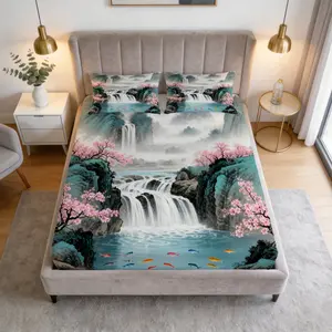 Chinese Landscape Koi Fish Fitted Sheet Set, Cherry Blossom Bed Sheet, 3Pcs HD Print Bedding with Deep Pocket, All Season Soft for Bedroom (No Insert)