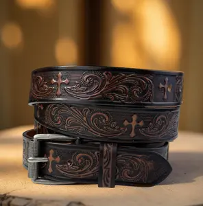 Tooled Western Cross Carved Leather Belt 100% Genuine Full Grain Cowhide Engraved Genuine Leather Cowboy Belt