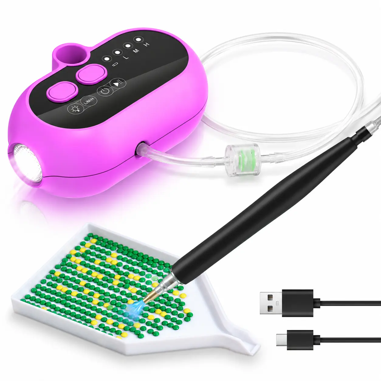 Vacuum Diamond Painting Pen, No Wax Needed Electric Diamond Art Tool with LED Light, 3 Suction Modes, USB Rechargeable Rhinestone Picker Kit with Tray & Accessories for Fast DIY Crafting (Pink)