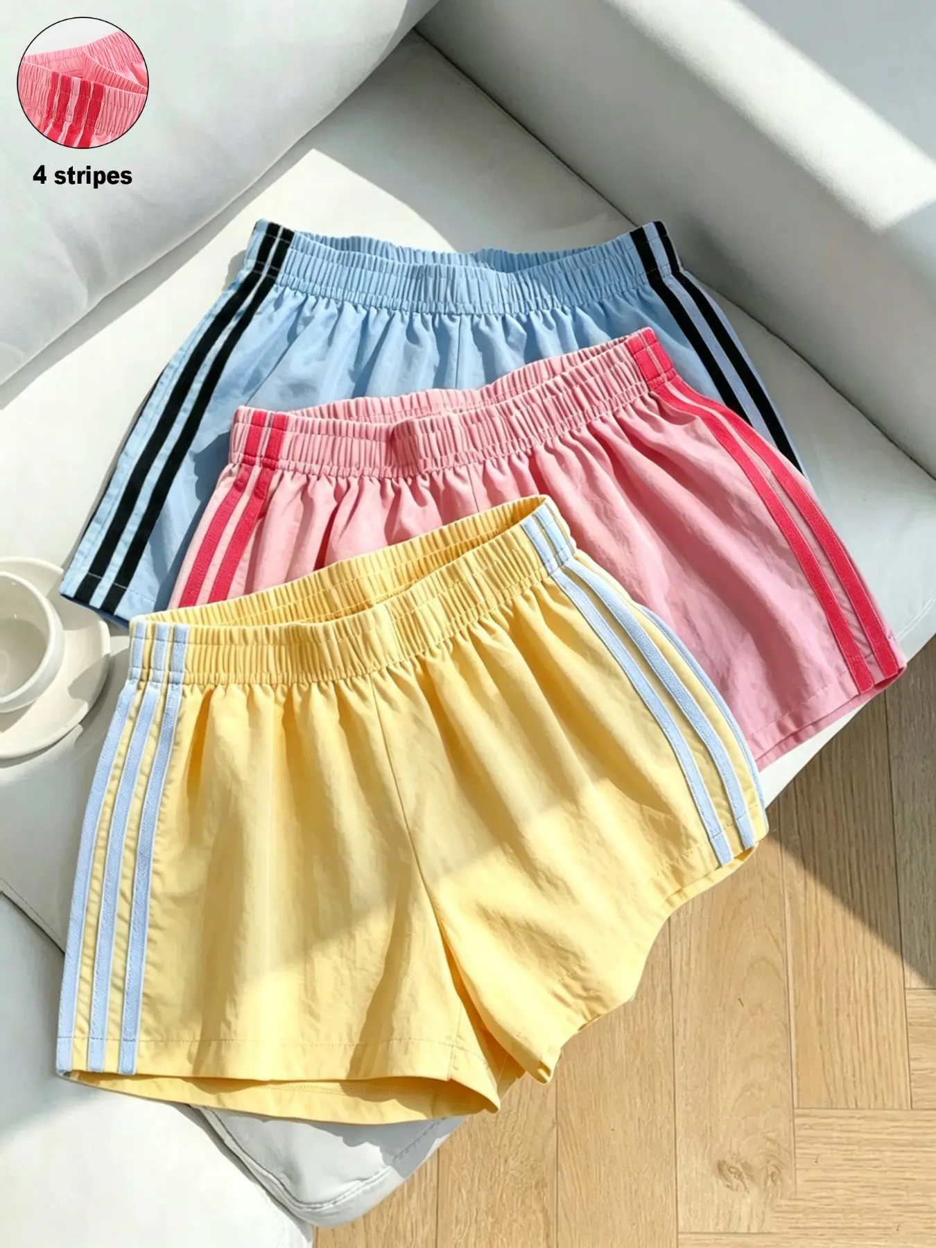 Y2K Fashionable Summer Retro 4 Stripes Track Shorts for Women, Loose-Fit Elastic-Waist Beach Running Casual Sport Shorts