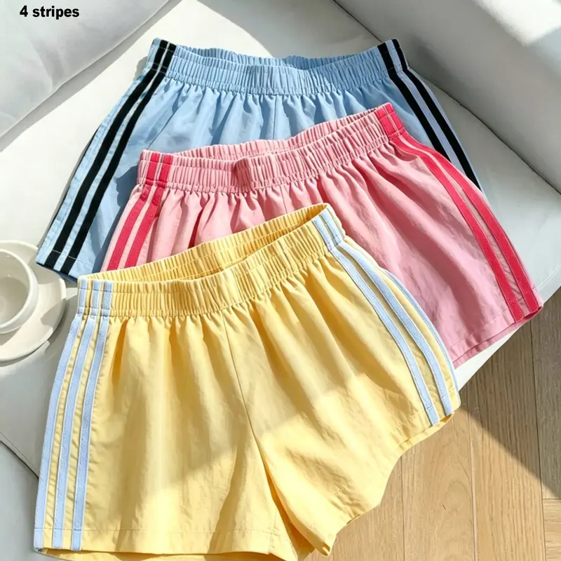 Y2K Fashionable Summer Retro 4 Stripes Track Baggy Shorts for Women, Loose-Fit Elastic-Waist Beach Running