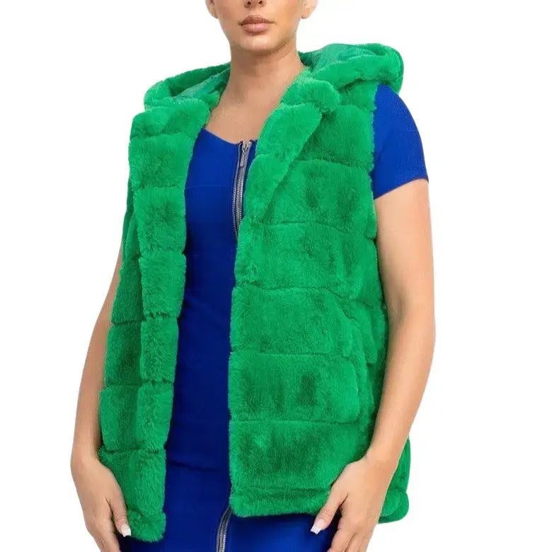 HOODED FAUX FUR VEST Green Mardi Gras