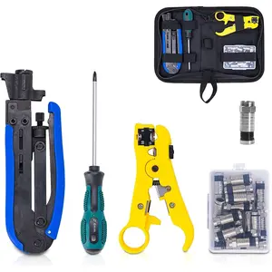 Coax Cable Crimper Kit - Adjustable Compression Tool for RG6, RG59, RG11 - Includes Coaxial Cable Stripper and 20 F Compression Connectors
