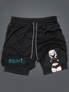 Men's Frieren Print Quick-Dry Drawstring Waist Shorts, Running Shorts, 2-In-1 Men Gifts,Graphic Shorts, All-Season Active Wear & Gym Essentials, Dry Fit Shorts