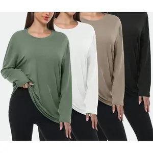 Female 4-Pack Oversized Long-Sleeve Workout Shirts for Plus-Size Women, Baggy Athletic Gym Sweatwear, Fitness Outfit, Machine Washable Sports Tops