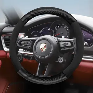 For Porsche carbon fiber texture leather suede steering wheel cover accessories, suitable for models such as Cayenne, Macan, 911, Panamera, 718, Taycan, available in black, red, brown, mocha, Automotive
