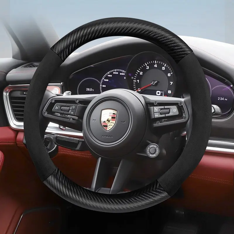 For Porsche carbon fiber texture leather suede steering wheel cover accessories, suitable for models such as Cayenne, Macan, 911, Panamera, 718, Taycan, available in black, red, brown, mocha, Automotive