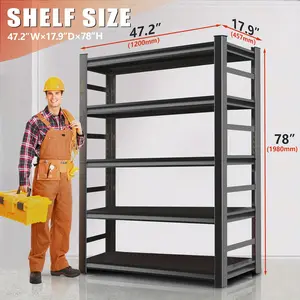 Heavy-Duty Adjustable 5-Tier Metal Industrial Garage Storage Shelf - 3000 lb Capacity, 87"H x 24"D x 48"W, Black Rust-Resistant Painted Floor-Standing Organizer Rack for Tools, Sports Gear & Garage Organization, Garage Accessories, Utility Shelves
