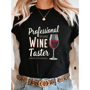 Professional Wine Taster Graphic Print Women'S Round Neck Short Sleeve T-Shirt, Perfect for Casual Outings, Holiday Gifts, And Gatherings with Friends, Featuring a Wine Glass Design for a Relaxed And Fun Style