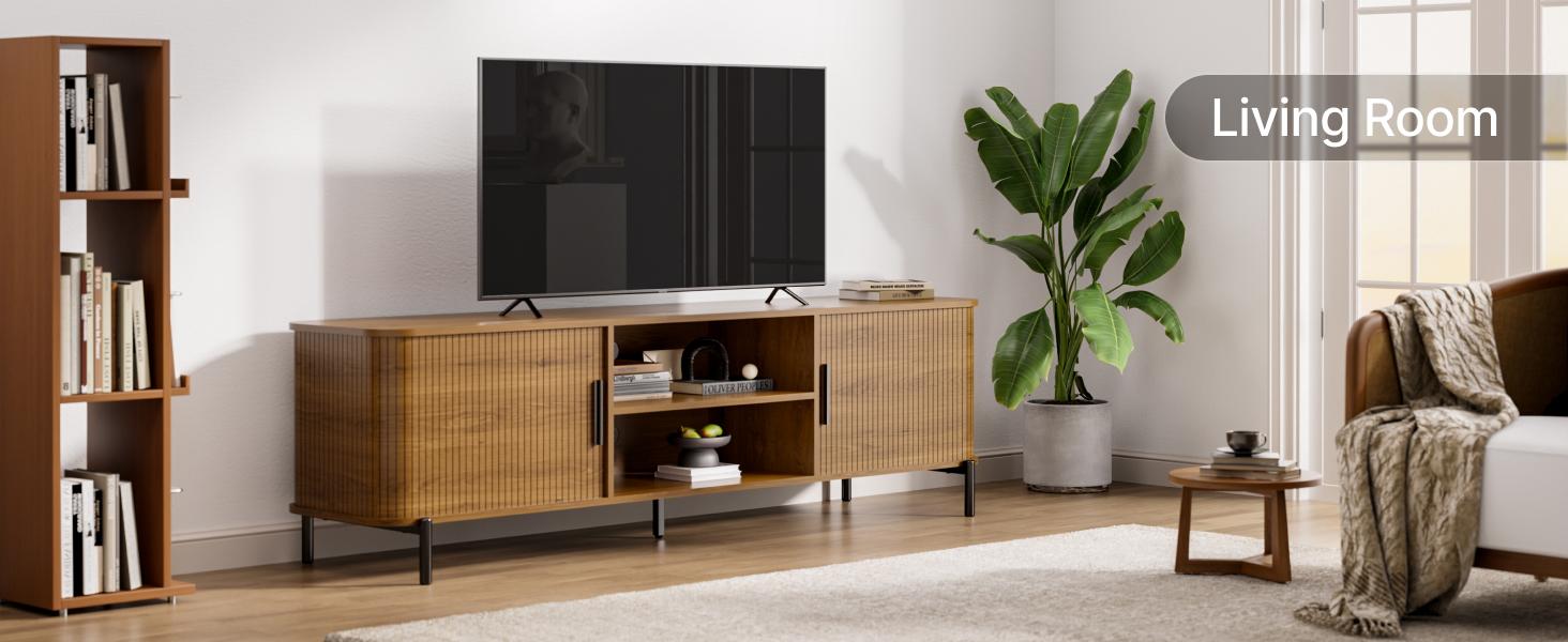 SUNCOZE TV Stand, Entertainment Center with LED Lights and Cabinet for 70/75/80 Inch TV, Modern TV Console Gaming Media Television Stands with Power Outlets for PS5 in Living Room and Bedroom