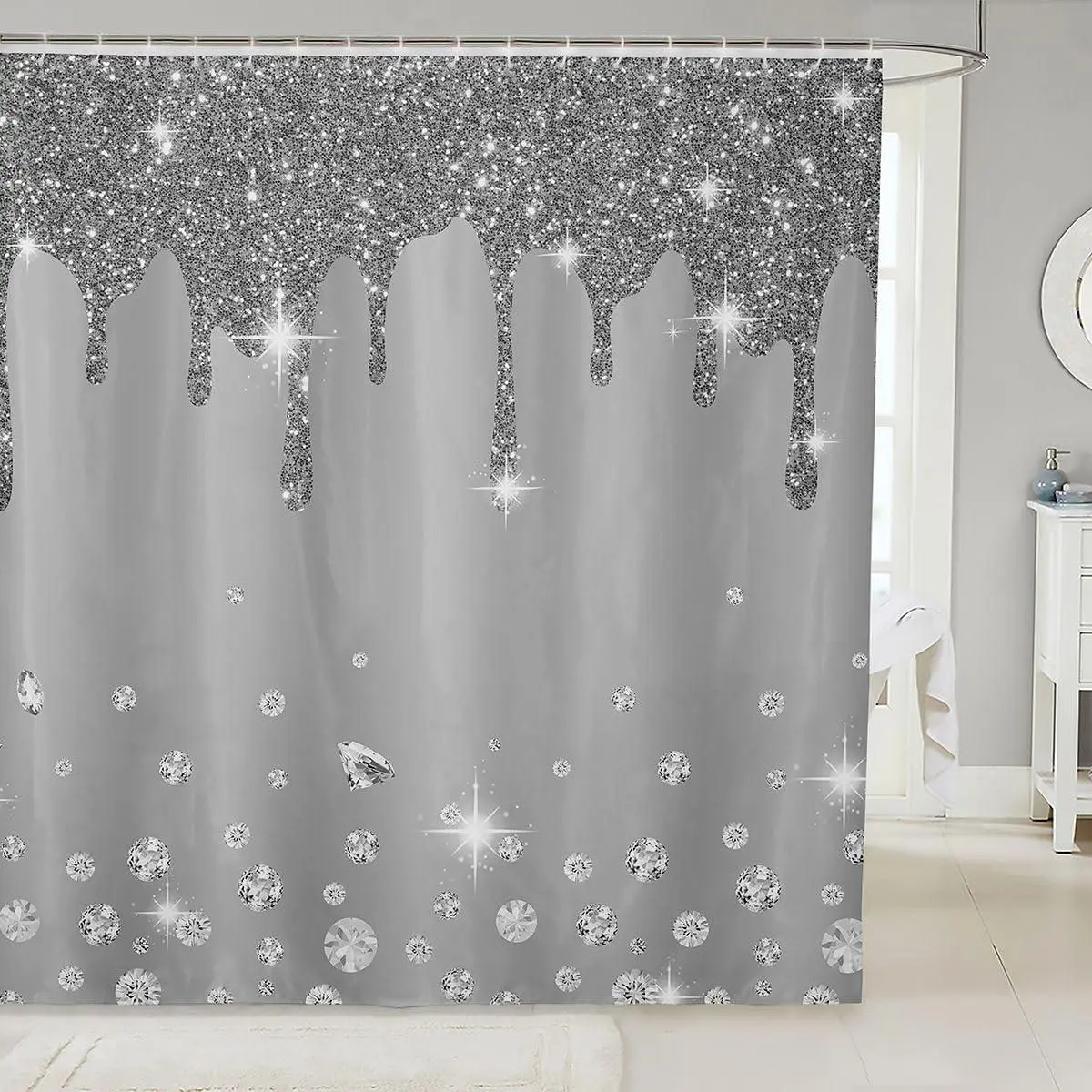 Silver Glitter Print (No Glitter) Shower Curtain Bling Decorations Grey Bathroom Fabric Shower Curtain Set for Diamond and Bath Curtain Waterproof Curtains Stalls Bathtubs Decor
