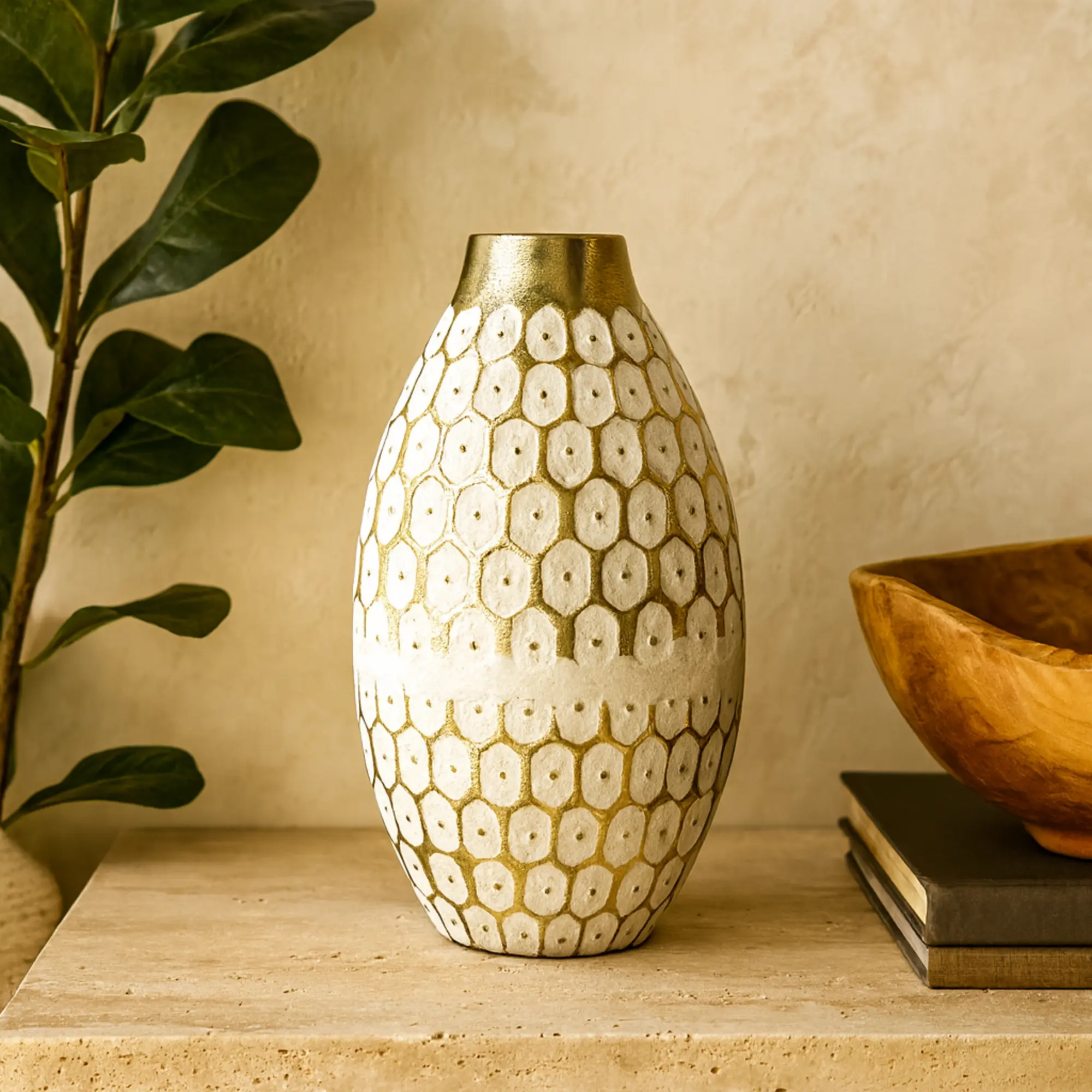 Glamorous Geometric Iron Gold Vase - Polished Hexagonal, White Accents, Felt Base with Felt Stoppers, 0.975 lbs, 5.85"x5.85", Wipe-Clean Tabletop Home Decor Centerpiece for Flowers, Ideal for Gift Lovers
