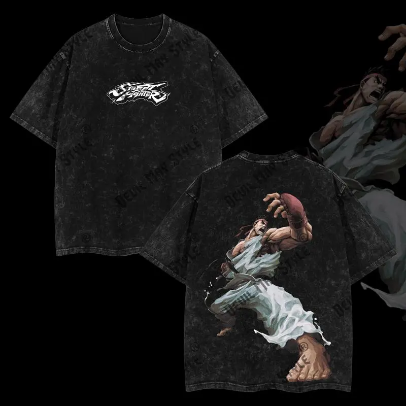 Ryu v3 - Street Fighter Vintage Washed Tee Unisex Oversize Heavyweight Cotton T-shirt for Anime Game Fans, Graphic Tees, Casual Outfits, Men Gifts, Men T-Shirt Clothes Menswear Oversized Top