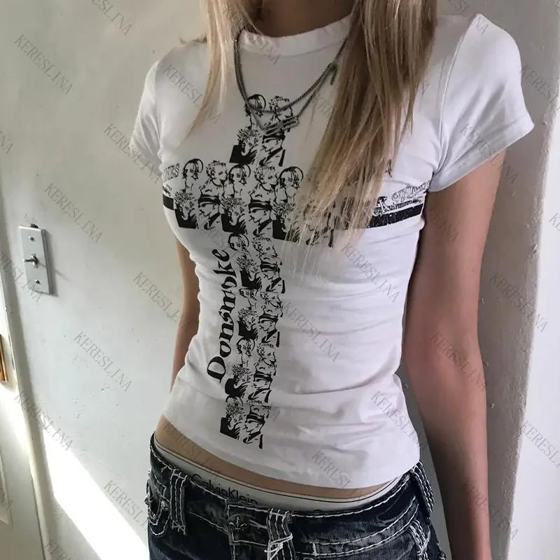 Punk Gothic emo Girl Streetwear Geometric Print O-Neck Women's Crop Top Dark Style Harajuku Y2K Hip Hop Rock 2000s Baby T-Shirt