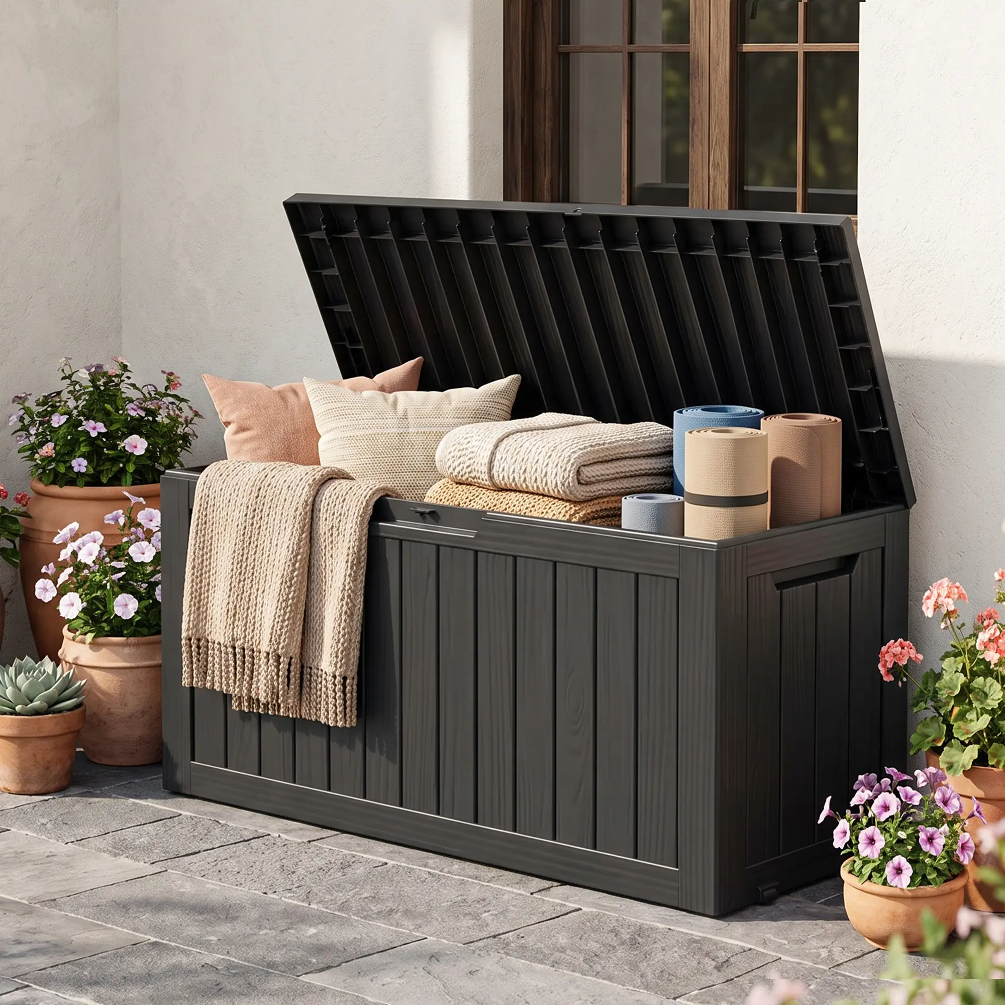 BIFANUO Rectangle Resin Indoor Outdoor Storage Boxes - 79/100/120-Gallon Waterproof, UV-Resistant Garage Storage Box with Waterproof Resin Shields Damp Gear for Home Improvement, Garden Supplies