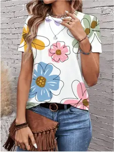 New Round Neck Asymmetrical Floral Print Short Sleeve Fitted Elegant Casual Top, Stylish Women's Fashion Shirt for Daily Wear