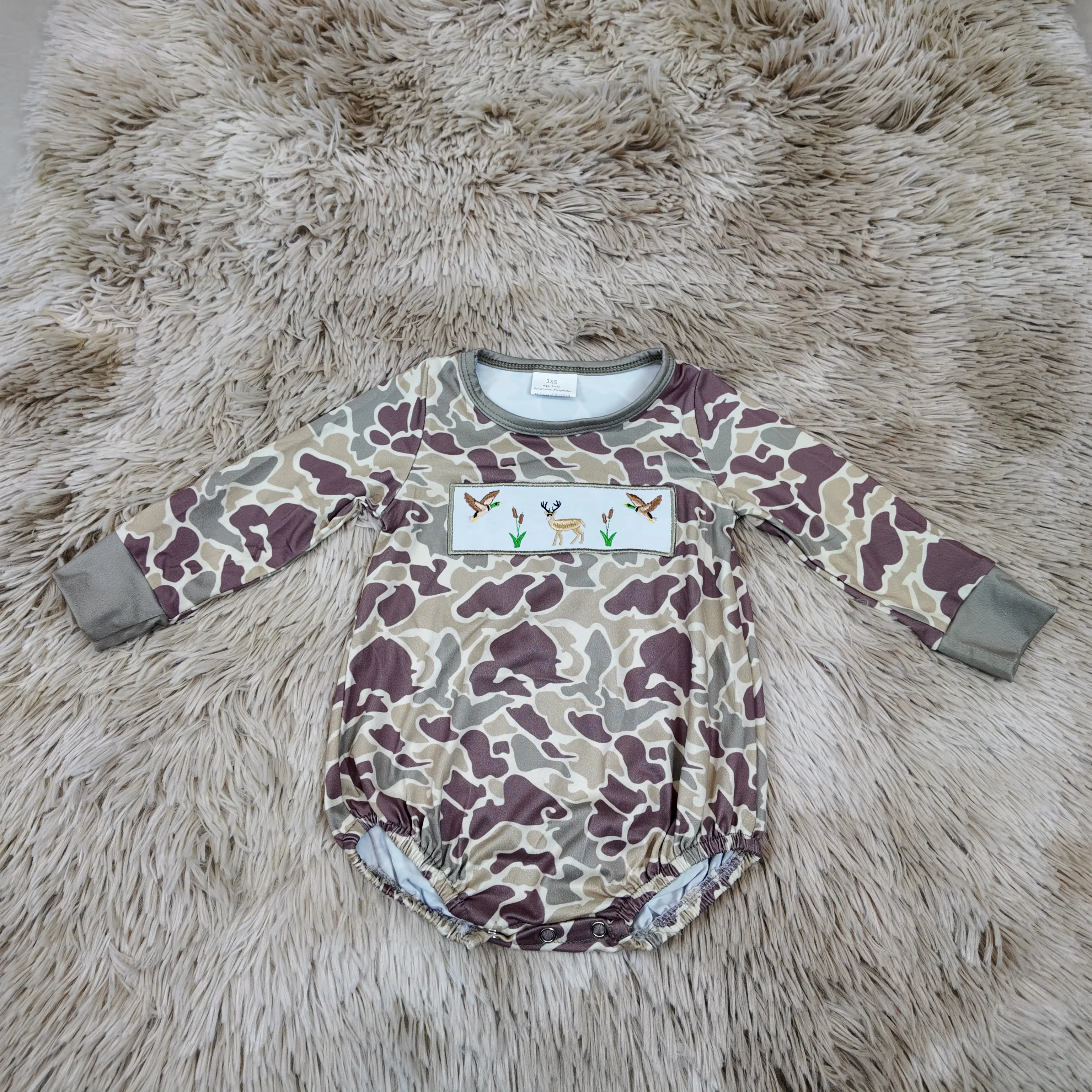 Baby Boy's Camo Bubble Romper, Long Sleeve Crew Neck Onesie with Deer and Duck Embroidery, Outdoor Hunting Baby Clothes, Baby Boy Clothes, Toddler Onesies