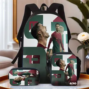 3Pcs Cristiano Ronaldo Print Backpack Set Durable 600D Oxford Cloth School Bag Insulated Lunch Box & Pencil Case Combo Adjustable Breathable Strap Large Capacity Fits 15in Laptop for Kids Teens School Travel Outdoor Use