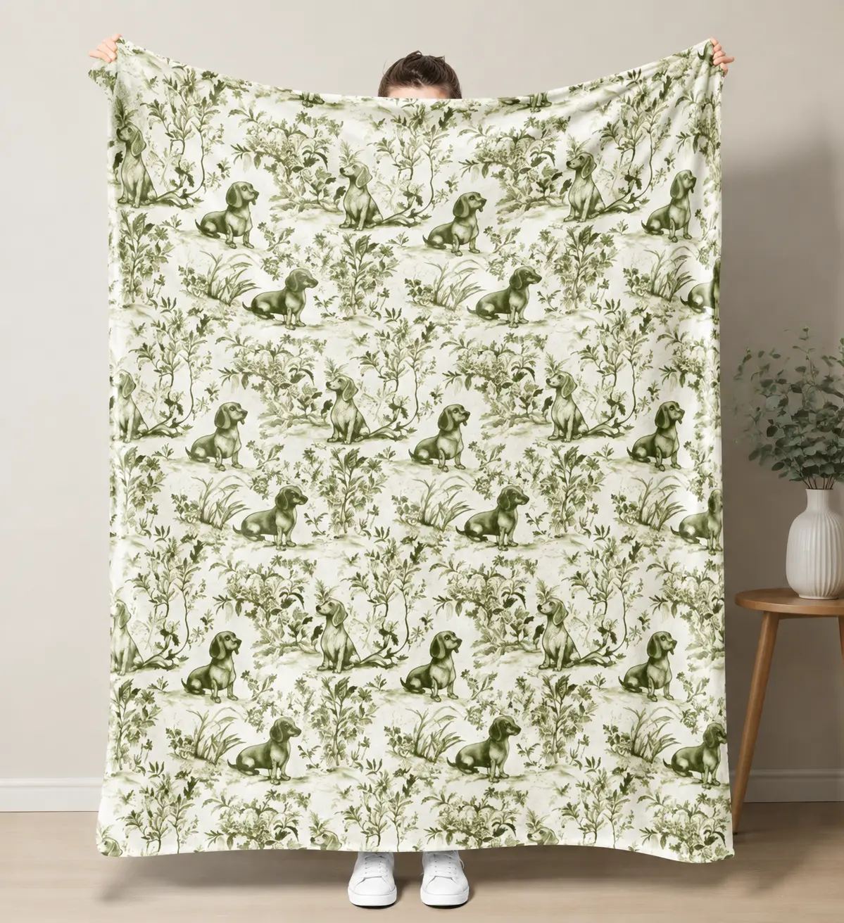 Vintage Green Toile Dachshund Dog Flannel Throw Blanket, Soft Cozy Blanket, Perfect for Couch Bed Sofa, Classic Pet Themed Home Decor, Ideal Holiday Gift for Dachshund Lovers