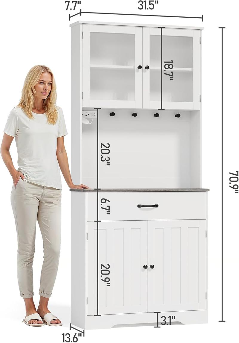 Gizoon 71" H Storage Cabinet with LED Lights, Modern Kitchen Pantry Cabinet with Doors and Drawers, White Hutch with Power Strip and Round Hooks, for Coffee Bar, Dining Room, Tabletop-Retro lead rgb light Controllable LED Tall Fabric Storage Dresser Tower