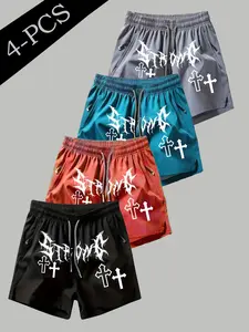 4 Pcs Men's Gothic Cross Print Ice Silk Quick-Dry Shorts, Zip Pocket, Breathable, Loose Fit, Sporty, All Seasons, Outdoor Activities