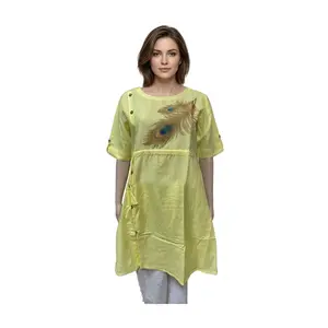 Kurthi-top9 Lemon Yellow A‑Line Kurti with Peacock Feather Motif, Side Button Detail & Tassels
