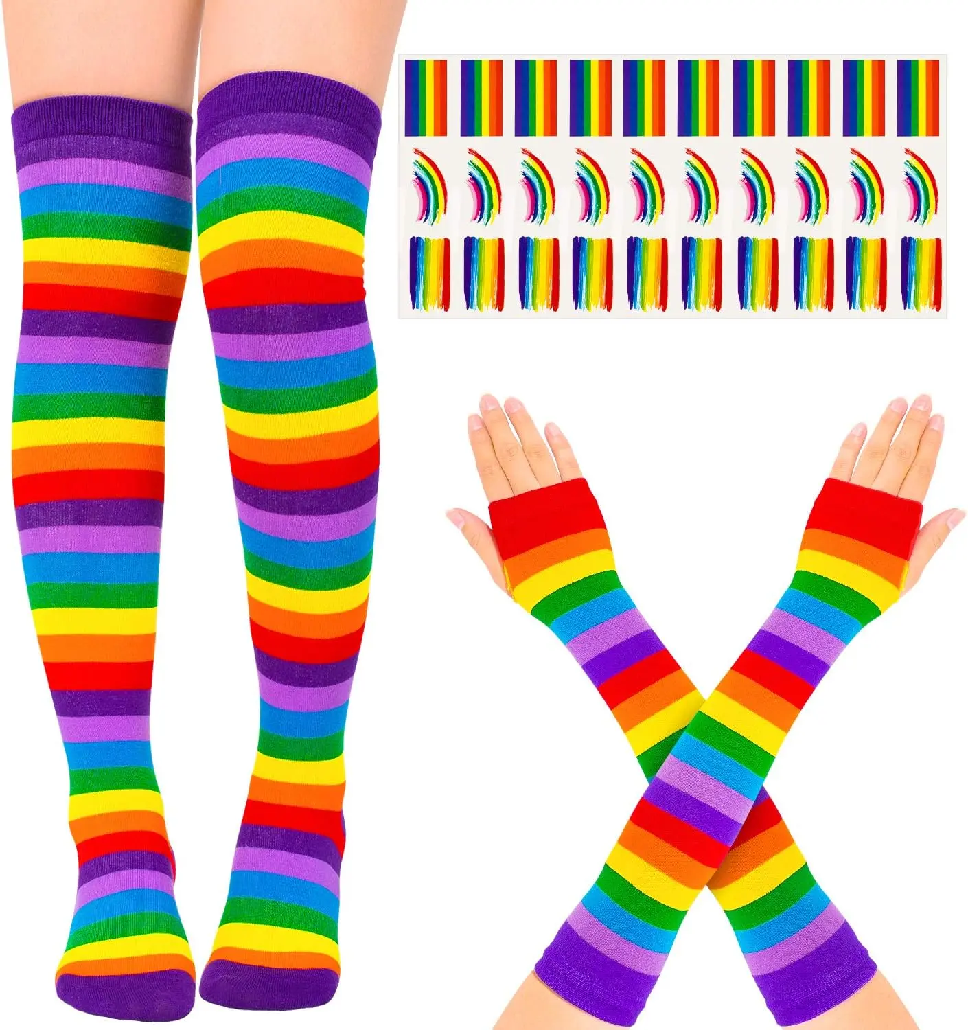 Women's Halloween Gay Pride Costume Accessories Set - Striped Knee-High Socks, Long Knitted Arm Warmers, Fingerless Gloves, 30Pcs Rainbow Tattoos