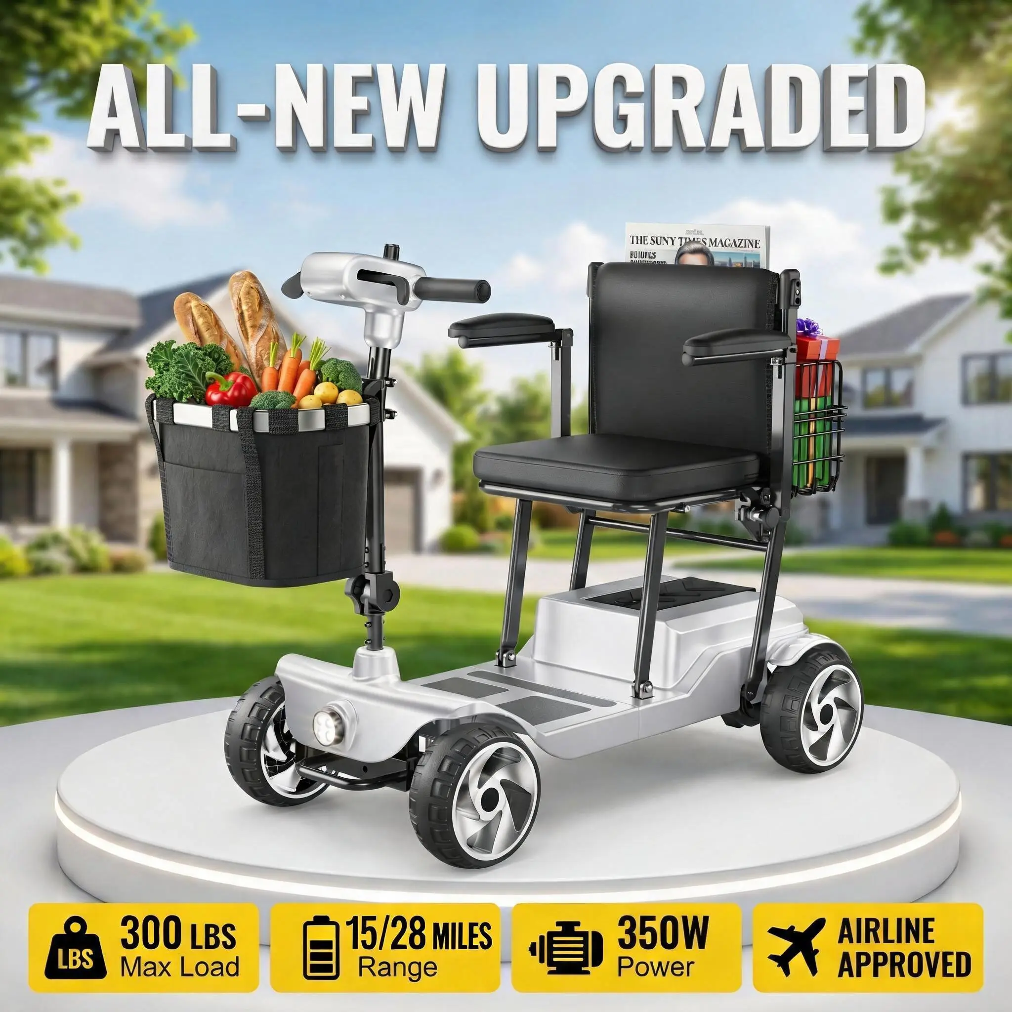 [All-New] Fritton Travel Mobility Scooter - Airline Approved, 300 lbs Heavy-Duty, 15 or 28 mi Range, Foldable, Portable, Multifunctional Power Scooter for Seniors with 5-Year Warranty