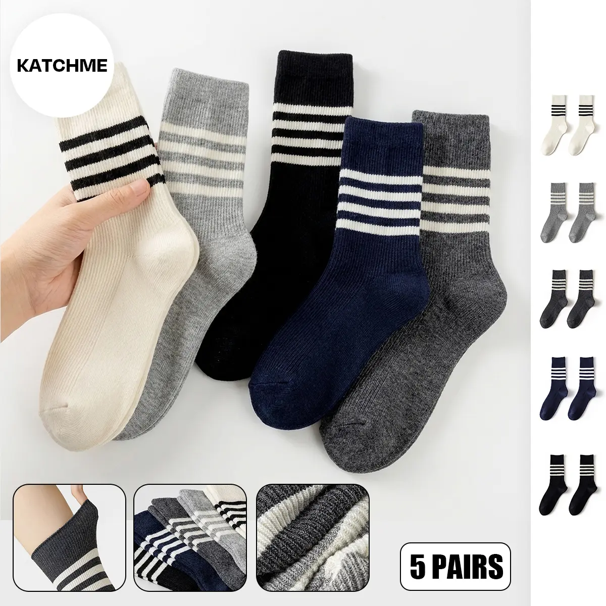 KatchMe Women's Versatile Stripe 5-Pack Cotton Breathable Mid-Calf Socks, Classy Soft Moisture-Wicking Socks, Smooth High-Stretch Hosiery Womenswear